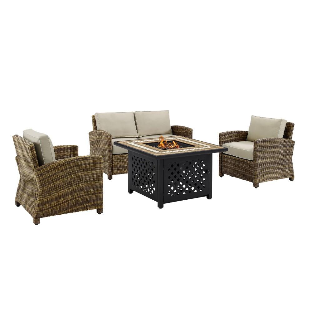 Crosley Furniture - Bradenton 4 Piece Outdoor Wicker Conversation Set With Fire Table Weathered Brown/Sand - Loveseat, 2 Arm Chairs, Fire Table - KO70160-SA veiw 3