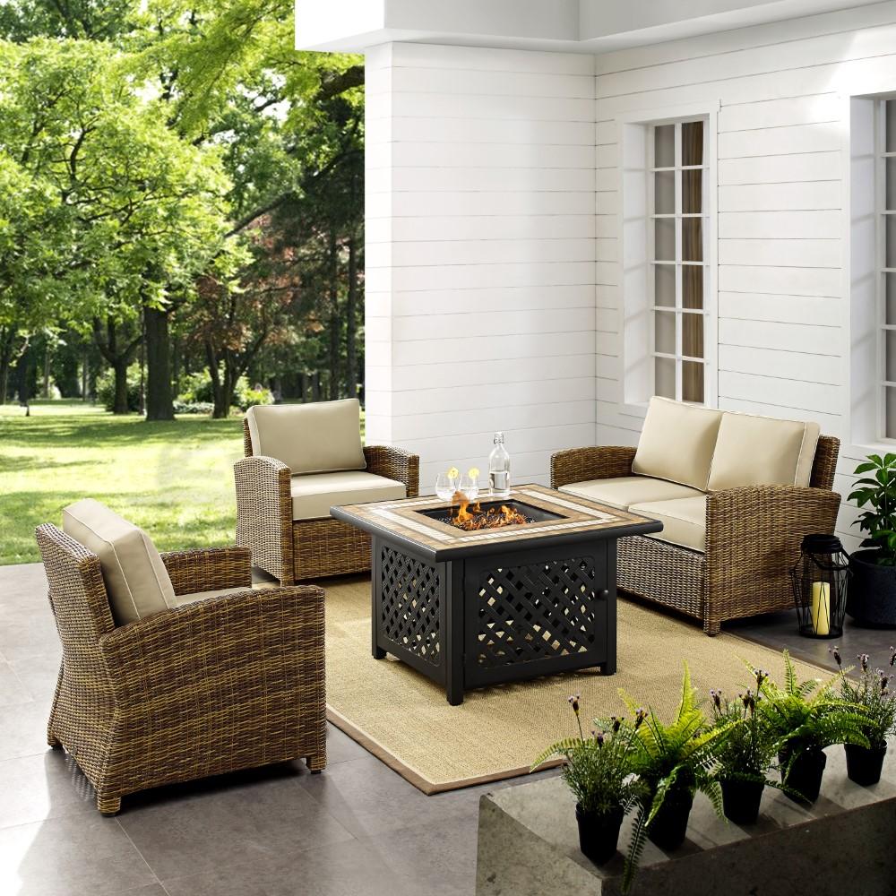 Crosley Furniture - Bradenton 4 Piece Outdoor Wicker Conversation Set With Fire Table Weathered Brown/Sand - Loveseat, 2 Arm Chairs, Fire Table - KO70160-SA veiw 4