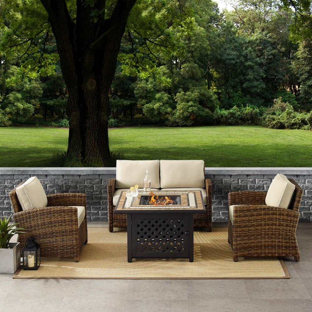 Crosley Furniture - Bradenton 4 Piece Outdoor Wicker Conversation Set With Fire Table Weathered Brown/Sand - Loveseat, 2 Arm Chairs, Fire Table - KO70160-SA veiw 6