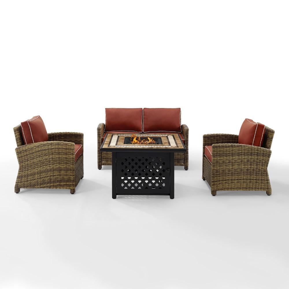 Crosley Furniture - Bradenton 4 Piece Outdoor Wicker Conversation Set With Fire Table Weathered Brown/Sangria - Loveseat, 2 Arm Chairs, Fire Table - KO70160-SG veiw 1