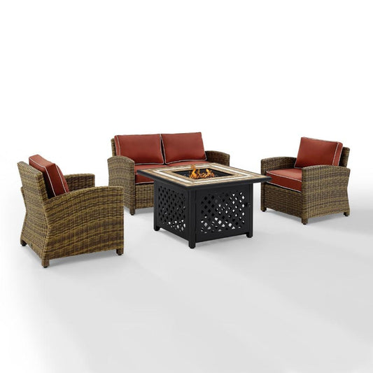 Crosley Furniture - Bradenton 4 Piece Outdoor Wicker Conversation Set With Fire Table Weathered Brown/Sangria - Loveseat, 2 Arm Chairs, Fire Table - KO70160-SG veiw 2