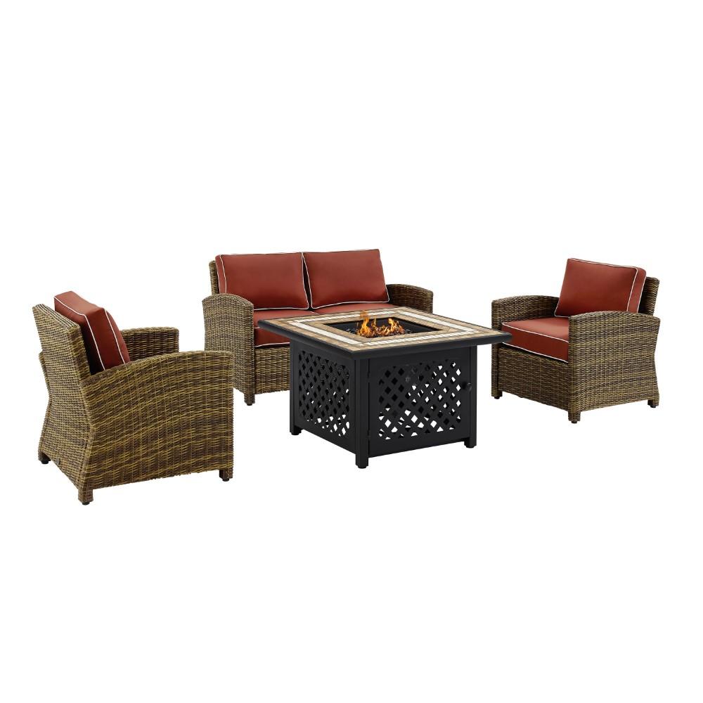 Crosley Furniture - Bradenton 4 Piece Outdoor Wicker Conversation Set With Fire Table Weathered Brown/Sangria - Loveseat, 2 Arm Chairs, Fire Table - KO70160-SG veiw 3