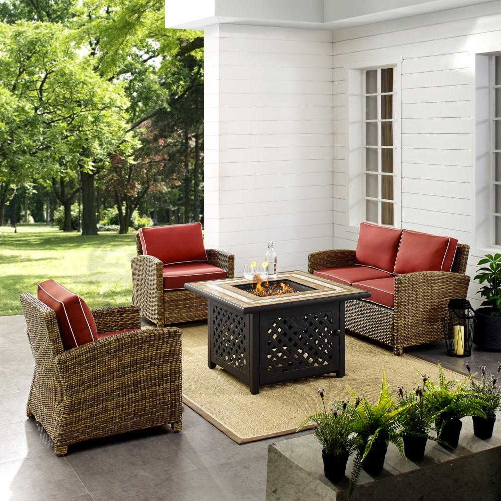 Crosley Furniture - Bradenton 4 Piece Outdoor Wicker Conversation Set With Fire Table Weathered Brown/Sangria - Loveseat, 2 Arm Chairs, Fire Table - KO70160-SG veiw 4