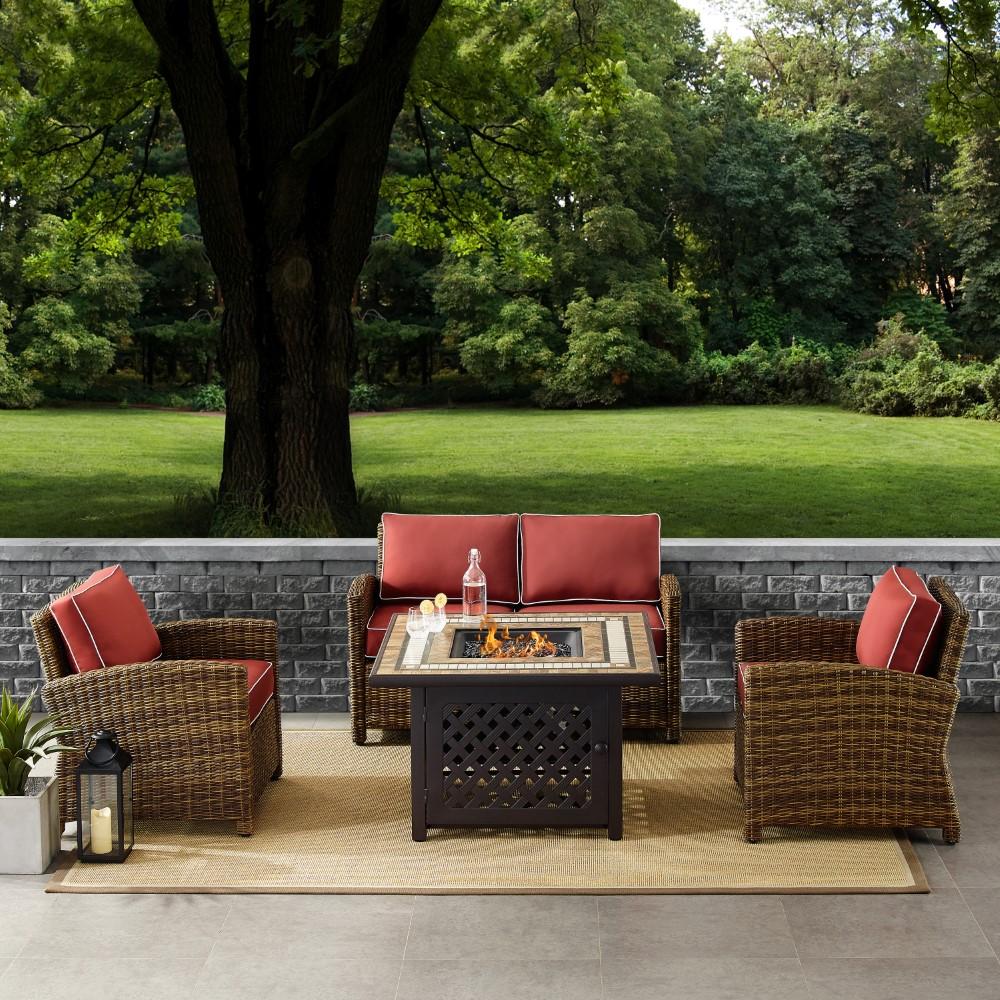 Crosley Furniture - Bradenton 4 Piece Outdoor Wicker Conversation Set With Fire Table Weathered Brown/Sangria - Loveseat, 2 Arm Chairs, Fire Table - KO70160-SG veiw 6