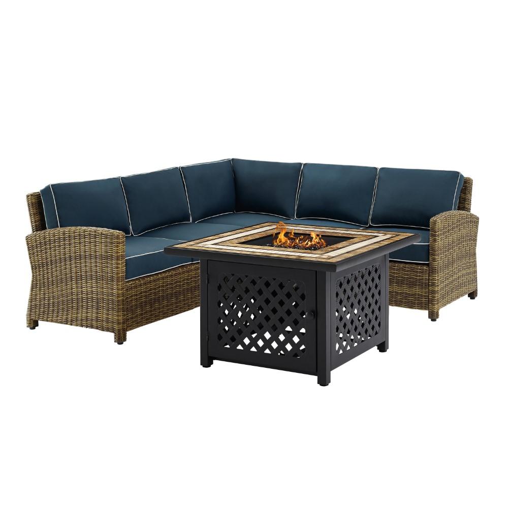 Crosley Furniture - Bradenton 4 Piece Outdoor Wicker Sectional Set With Fire Table Weathered Brown/Navy - Right Corner Loveseat, Left Corner Loveseat, Corner Chair, Fire Table - KO70157-NV veiw 3