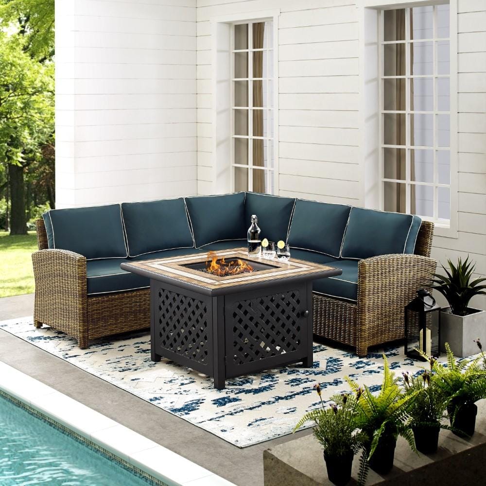 Crosley Furniture - Bradenton 4 Piece Outdoor Wicker Sectional Set With Fire Table Weathered Brown/Navy - Right Corner Loveseat, Left Corner Loveseat, Corner Chair, Fire Table - KO70157-NV veiw 4
