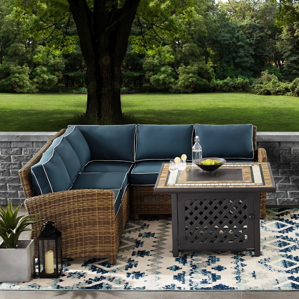 Crosley Furniture - Bradenton 4 Piece Outdoor Wicker Sectional Set With Fire Table Weathered Brown/Navy - Right Corner Loveseat, Left Corner Loveseat, Corner Chair, Fire Table - KO70157-NV veiw 5