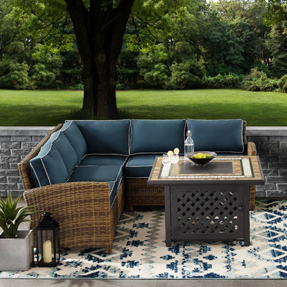 Crosley Furniture - Bradenton 4 Piece Outdoor Wicker Sectional Set With Fire Table Weathered Brown/Navy - Right Corner Loveseat, Left Corner Loveseat, Corner Chair, Fire Table - KO70157-NV veiw 5