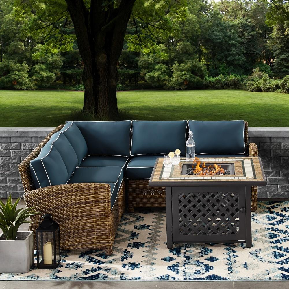 Crosley Furniture - Bradenton 4 Piece Outdoor Wicker Sectional Set With Fire Table Weathered Brown/Navy - Right Corner Loveseat, Left Corner Loveseat, Corner Chair, Fire Table - KO70157-NV veiw 6