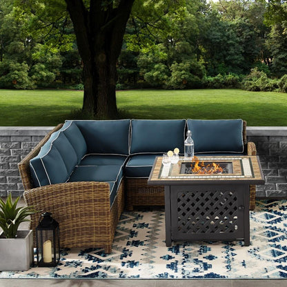 Crosley Furniture - Bradenton 4 Piece Outdoor Wicker Sectional Set With Fire Table Weathered Brown/Navy - Right Corner Loveseat, Left Corner Loveseat, Corner Chair, Fire Table - KO70157-NV veiw 6