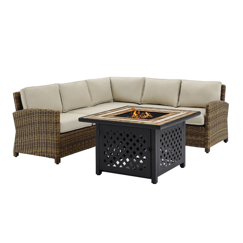 Crosley Furniture - Bradenton 4 Piece Outdoor Wicker Sectional Set With Fire Table Weathered Brown/Sand - Right Corner Loveseat, Left Corner Loveseat, Corner Chair, Fire Table - KO70157-SA veiw 3