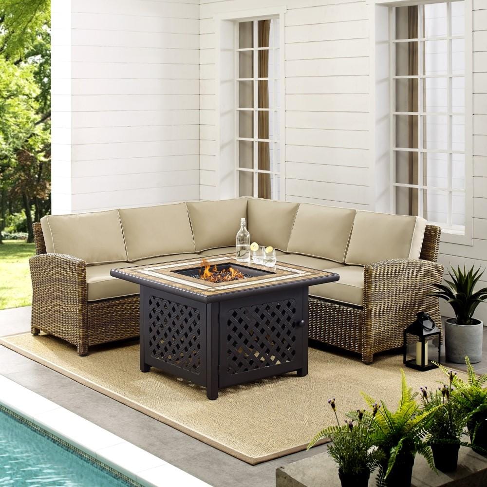 Crosley Furniture - Bradenton 4 Piece Outdoor Wicker Sectional Set With Fire Table Weathered Brown/Sand - Right Corner Loveseat, Left Corner Loveseat, Corner Chair, Fire Table - KO70157-SA veiw 5