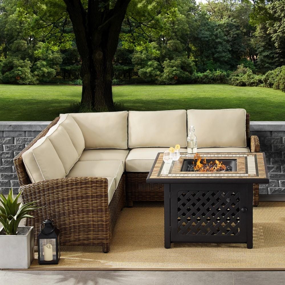 Crosley Furniture - Bradenton 4 Piece Outdoor Wicker Sectional Set With Fire Table Weathered Brown/Sand - Right Corner Loveseat, Left Corner Loveseat, Corner Chair, Fire Table - KO70157-SA veiw 6