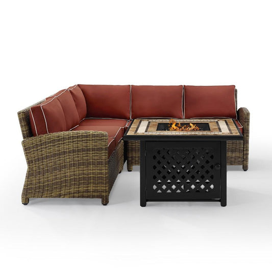 Crosley Furniture - Bradenton 4 Piece Outdoor Wicker Sectional Set With Fire Table Weathered Brown/Sangria - Right Corner Loveseat, Left Corner Loveseat, Corner Chair, Fire Table - KO70157-SG veiw 1