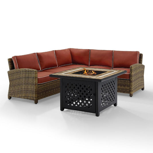 Crosley Furniture - Bradenton 4 Piece Outdoor Wicker Sectional Set With Fire Table Weathered Brown/Sangria - Right Corner Loveseat, Left Corner Loveseat, Corner Chair, Fire Table - KO70157-SG veiw 2
