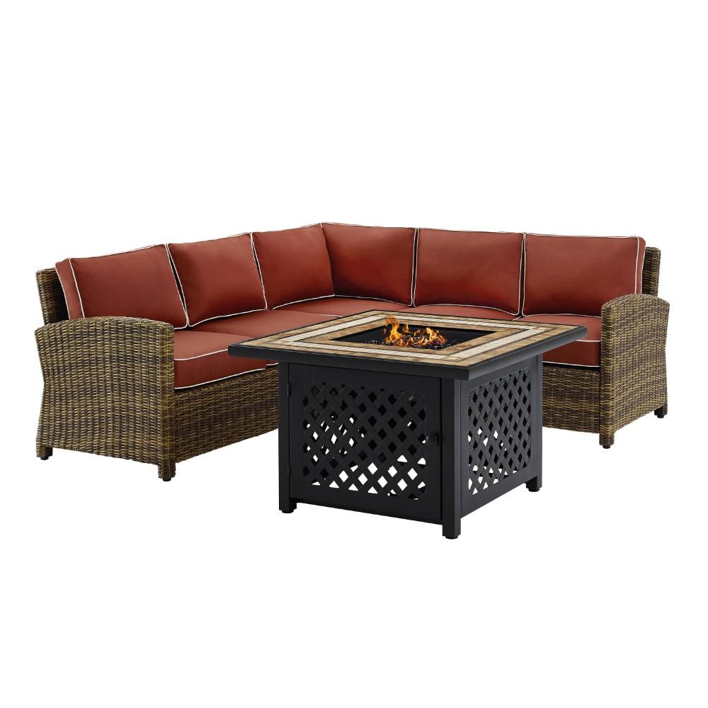 Crosley Furniture - Bradenton 4 Piece Outdoor Wicker Sectional Set With Fire Table Weathered Brown/Sangria - Right Corner Loveseat, Left Corner Loveseat, Corner Chair, Fire Table - KO70157-SG veiw 3