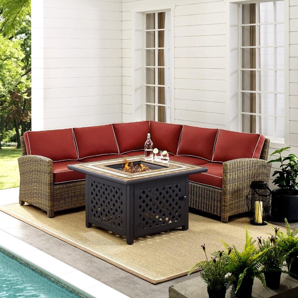 Crosley Furniture - Bradenton 4 Piece Outdoor Wicker Sectional Set With Fire Table Weathered Brown/Sangria - Right Corner Loveseat, Left Corner Loveseat, Corner Chair, Fire Table - KO70157-SG veiw 4