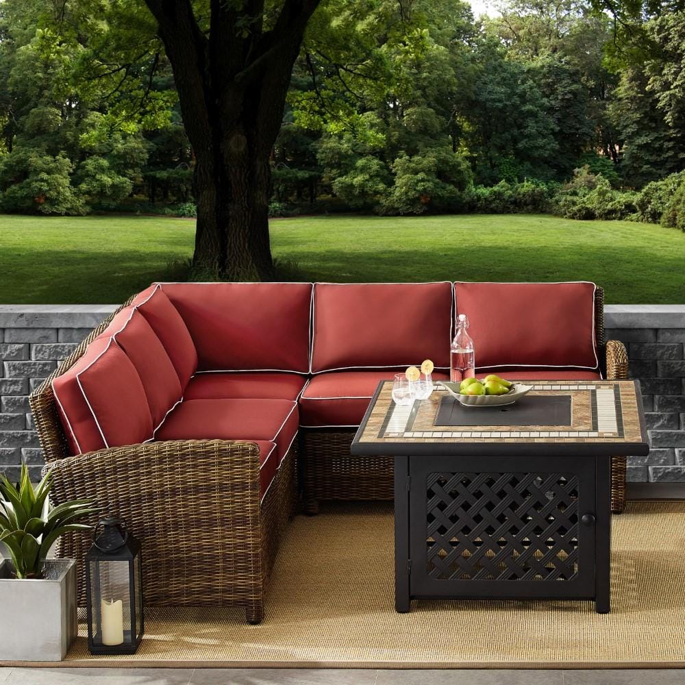 Crosley Furniture - Bradenton 4 Piece Outdoor Wicker Sectional Set With Fire Table Weathered Brown/Sangria - Right Corner Loveseat, Left Corner Loveseat, Corner Chair, Fire Table - KO70157-SG veiw 5