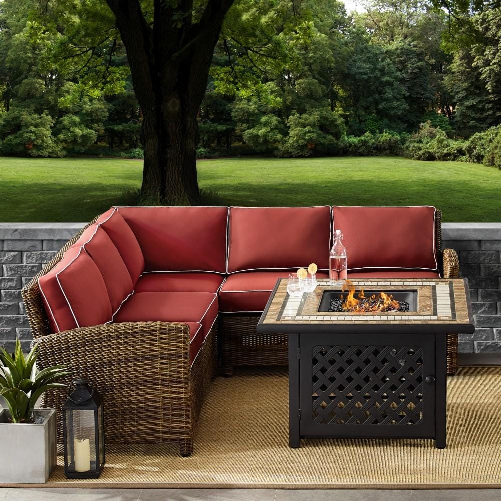 Crosley Furniture - Bradenton 4 Piece Outdoor Wicker Sectional Set With Fire Table Weathered Brown/Sangria - Right Corner Loveseat, Left Corner Loveseat, Corner Chair, Fire Table - KO70157-SG veiw 6