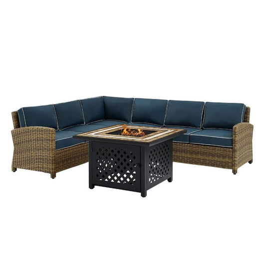 Crosley Furniture - Bradenton 5 Piece Outdoor Wicker Sectional Set With Fire Table Weathered Brown/Navy - Right Corner Loveseat, Left Corner Loveseat, Corner Chair, Center Chair, Fire Table - KO70158- veiw 1