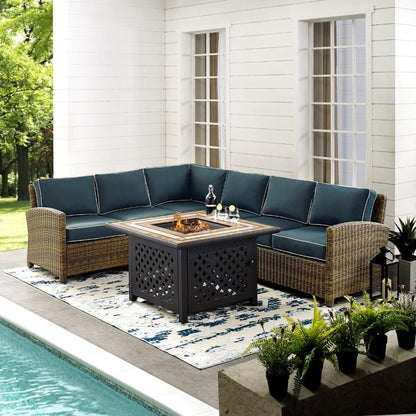 Crosley Furniture - Bradenton 5 Piece Outdoor Wicker Sectional Set With Fire Table Weathered Brown/Navy - Right Corner Loveseat, Left Corner Loveseat, Corner Chair, Center Chair, Fire Table - KO70158- veiw 4