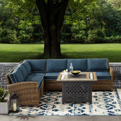 Crosley Furniture - Bradenton 5 Piece Outdoor Wicker Sectional Set With Fire Table Weathered Brown/Navy - Right Corner Loveseat, Left Corner Loveseat, Corner Chair, Center Chair, Fire Table - KO70158- veiw 5