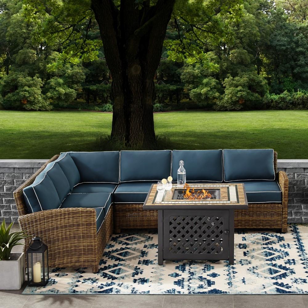 Crosley Furniture - Bradenton 5 Piece Outdoor Wicker Sectional Set With Fire Table Weathered Brown/Navy - Right Corner Loveseat, Left Corner Loveseat, Corner Chair, Center Chair, Fire Table - KO70158- veiw 6