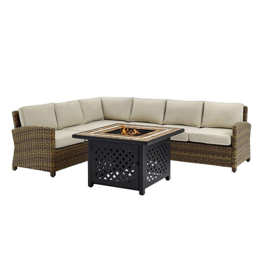 Crosley Furniture - Bradenton 5 Piece Outdoor Wicker Sectional Set With Fire Table Weathered Brown/Sand - Right Corner Loveseat, Left Corner Loveseat, Corner Chair, Center Chair, Fire Table - KO70158- veiw 1