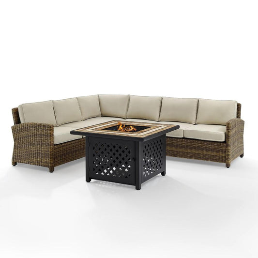 Crosley Furniture - Bradenton 5 Piece Outdoor Wicker Sectional Set With Fire Table Weathered Brown/Sand - Right Corner Loveseat, Left Corner Loveseat, Corner Chair, Center Chair, Fire Table - KO70158- veiw 2