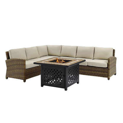 Crosley Furniture - Bradenton 5 Piece Outdoor Wicker Sectional Set With Fire Table Weathered Brown/Sand - Right Corner Loveseat, Left Corner Loveseat, Corner Chair, Center Chair, Fire Table - KO70158- veiw 3