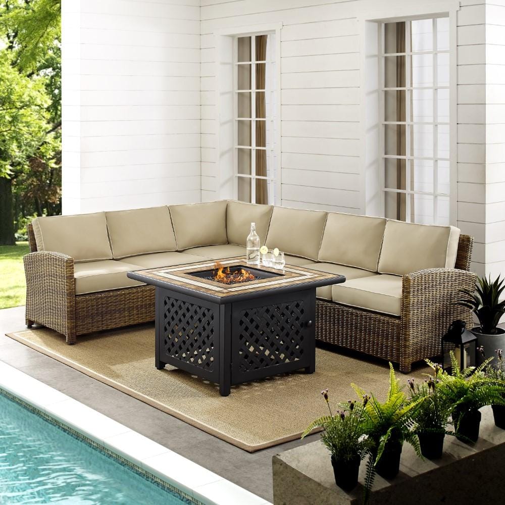 Crosley Furniture - Bradenton 5 Piece Outdoor Wicker Sectional Set With Fire Table Weathered Brown/Sand - Right Corner Loveseat, Left Corner Loveseat, Corner Chair, Center Chair, Fire Table - KO70158- veiw 4