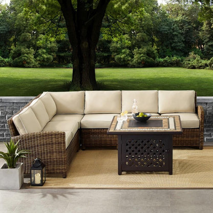 Crosley Furniture - Bradenton 5 Piece Outdoor Wicker Sectional Set With Fire Table Weathered Brown/Sand - Right Corner Loveseat, Left Corner Loveseat, Corner Chair, Center Chair, Fire Table - KO70158- veiw 5
