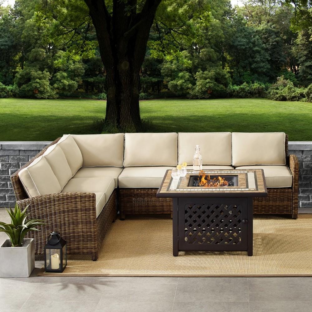 Crosley Furniture - Bradenton 5 Piece Outdoor Wicker Sectional Set With Fire Table Weathered Brown/Sand - Right Corner Loveseat, Left Corner Loveseat, Corner Chair, Center Chair, Fire Table - KO70158- veiw 6