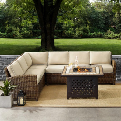 Crosley Furniture - Bradenton 5 Piece Outdoor Wicker Sectional Set With Fire Table Weathered Brown/Sand - Right Corner Loveseat, Left Corner Loveseat, Corner Chair, Center Chair, Fire Table - KO70158- veiw 6