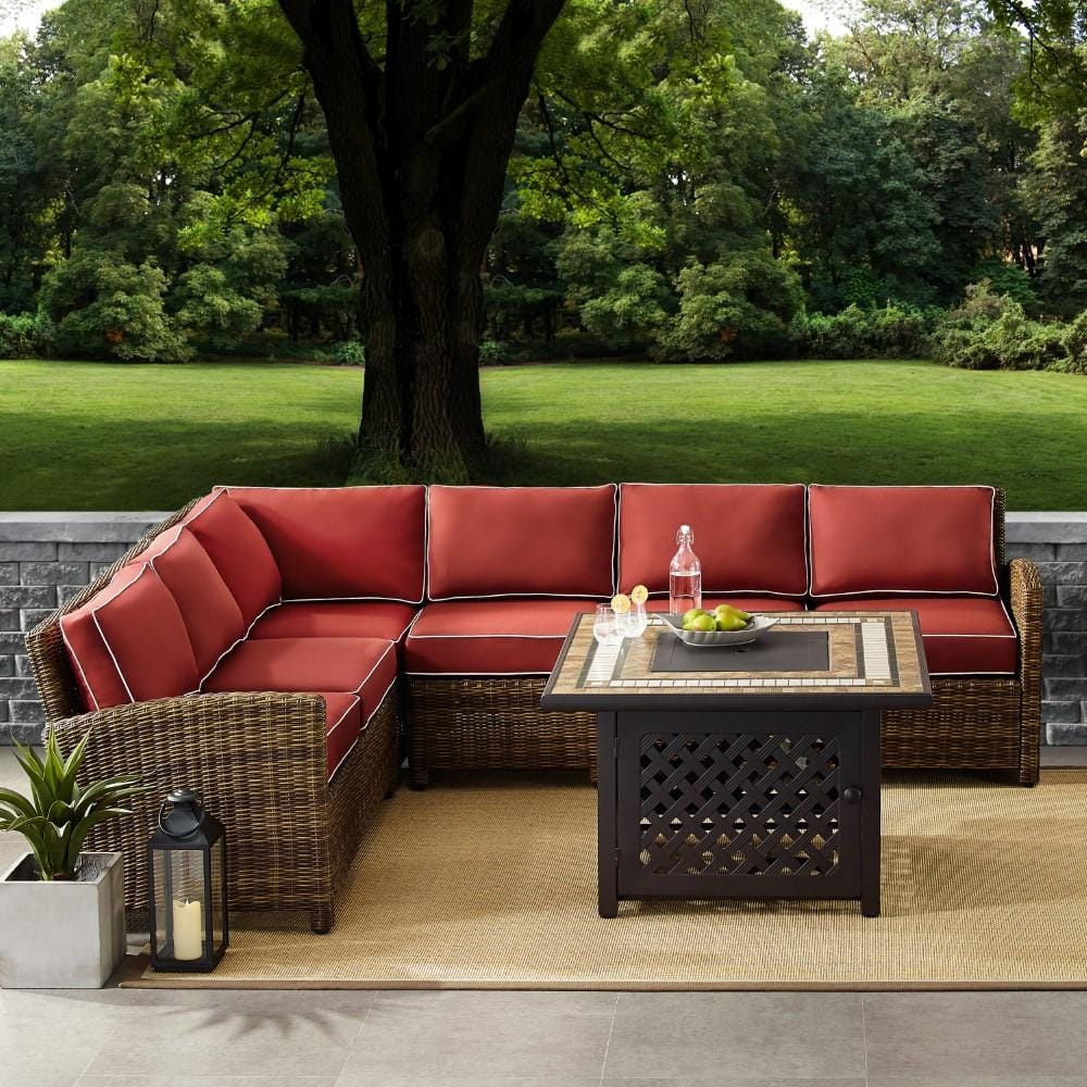 Crosley Furniture - Bradenton 5 Piece Outdoor Wicker Sectional Set With Fire Table Weathered Brown/Sand - Right Corner Loveseat, Left Corner Loveseat, Corner Chair, Center Chair, Fire Table - KO70158- veiw 4