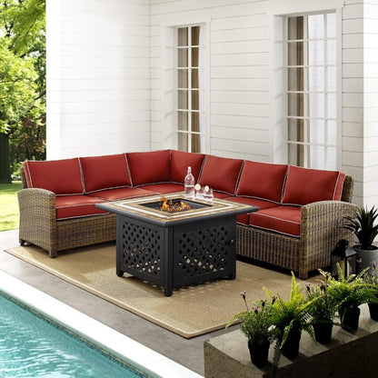 Crosley Furniture - Bradenton 5 Piece Outdoor Wicker Sectional Set With Fire Table Weathered Brown/Sand - Right Corner Loveseat, Left Corner Loveseat, Corner Chair, Center Chair, Fire Table - KO70158- veiw 5