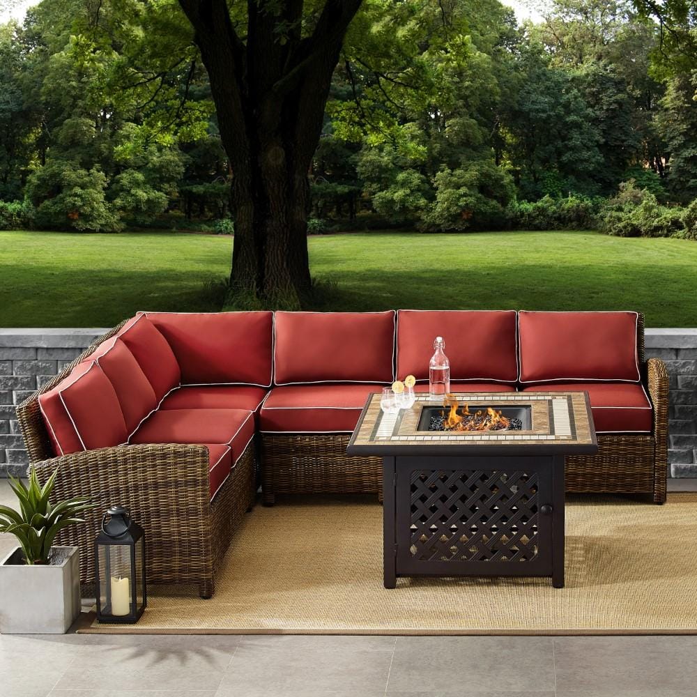 Crosley Furniture - Bradenton 5 Piece Outdoor Wicker Sectional Set With Fire Table Weathered Brown/Sand - Right Corner Loveseat, Left Corner Loveseat, Corner Chair, Center Chair, Fire Table - KO70158- veiw 6