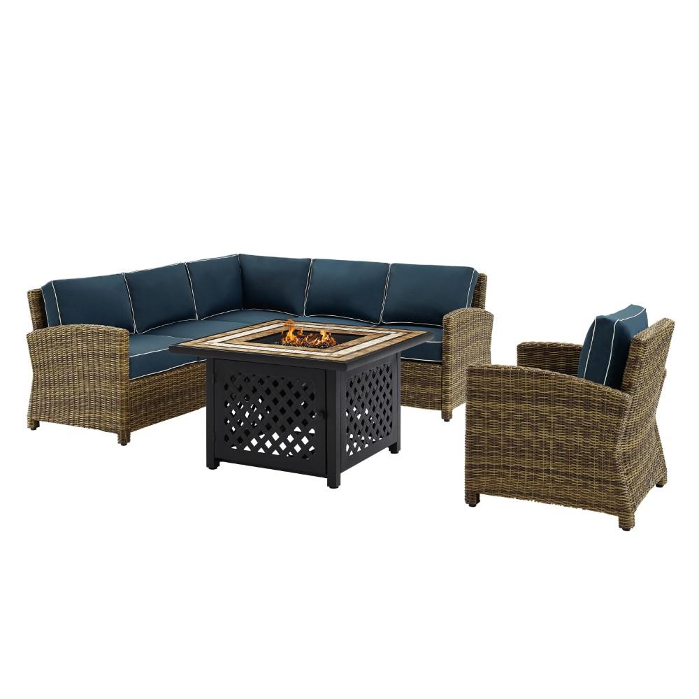 Crosley Furniture - Bradenton 5 Piece Outdoor Wicker Sectional Set With Fire Table Weathered Brown/Navy - Right Corner Loveseat, Left Corner Loveseat, Corner Chair, Arm Chair, Fire Table - KO70159-NV veiw 3