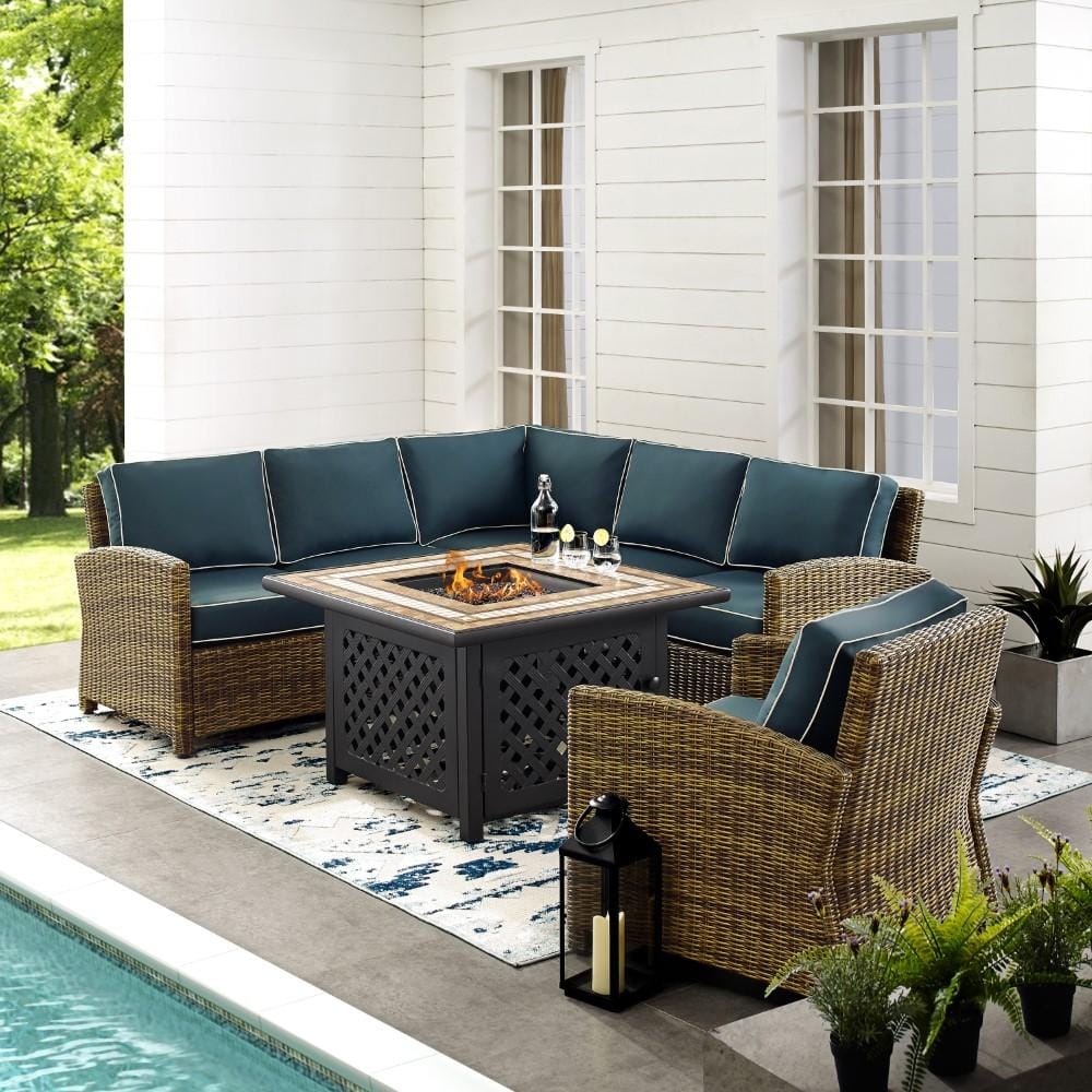 Crosley Furniture - Bradenton 5 Piece Outdoor Wicker Sectional Set With Fire Table Weathered Brown/Navy - Right Corner Loveseat, Left Corner Loveseat, Corner Chair, Arm Chair, Fire Table - KO70159-NV veiw 4