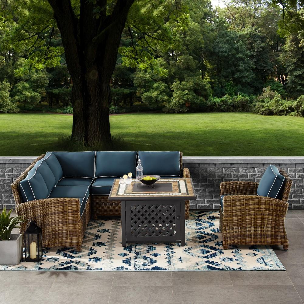 Crosley Furniture - Bradenton 5 Piece Outdoor Wicker Sectional Set With Fire Table Weathered Brown/Navy - Right Corner Loveseat, Left Corner Loveseat, Corner Chair, Arm Chair, Fire Table - KO70159-NV veiw 5