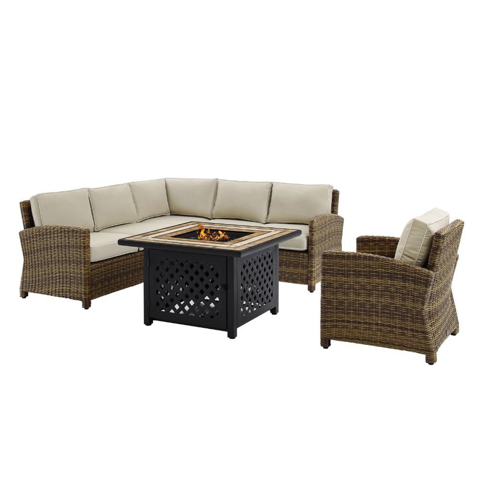 Crosley Furniture - Bradenton 5 Piece Outdoor Wicker Sectional Set With Fire Table Weathered Brown/Sand - Right Corner Loveseat, Left Corner Loveseat, Corner Chair, Arm Chair, Fire Table - KO70159-SA veiw 3