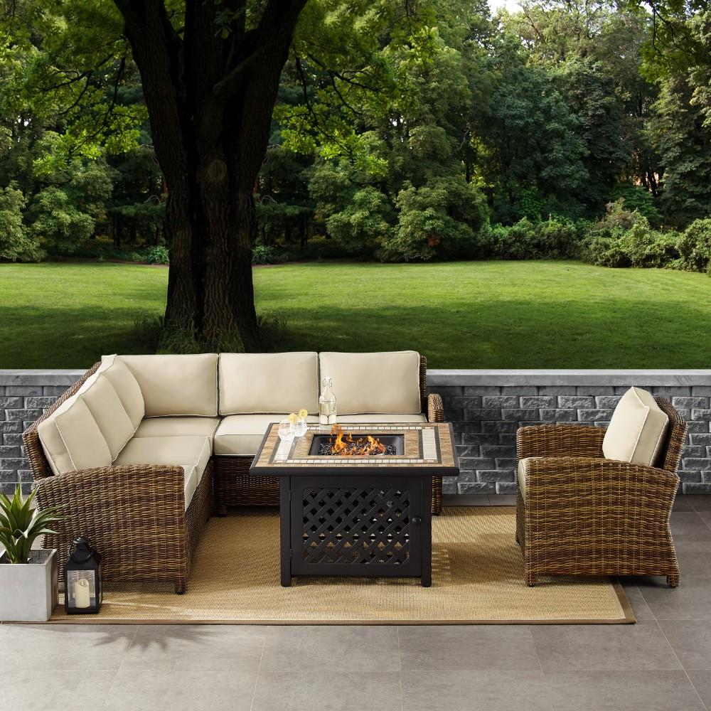 Crosley Furniture - Bradenton 5 Piece Outdoor Wicker Sectional Set With Fire Table Weathered Brown/Sand - Right Corner Loveseat, Left Corner Loveseat, Corner Chair, Arm Chair, Fire Table - KO70159-SA veiw 4