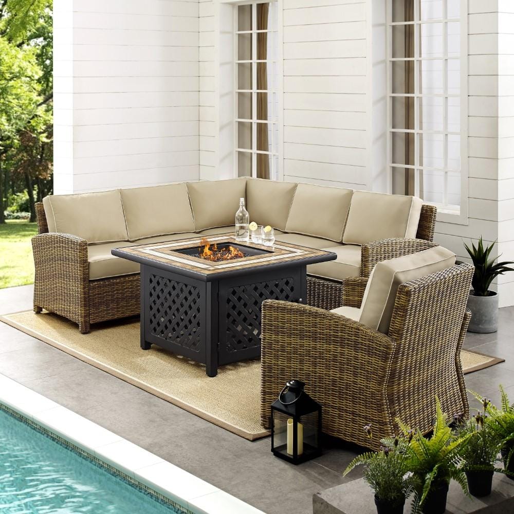 Crosley Furniture - Bradenton 5 Piece Outdoor Wicker Sectional Set With Fire Table Weathered Brown/Sand - Right Corner Loveseat, Left Corner Loveseat, Corner Chair, Arm Chair, Fire Table - KO70159-SA veiw 5