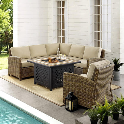 Crosley Furniture - Bradenton 5 Piece Outdoor Wicker Sectional Set With Fire Table Weathered Brown/Sand - Right Corner Loveseat, Left Corner Loveseat, Corner Chair, Arm Chair, Fire Table - KO70159-SA veiw 5