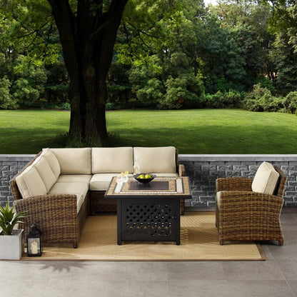 Crosley Furniture - Bradenton 5 Piece Outdoor Wicker Sectional Set With Fire Table Weathered Brown/Sand - Right Corner Loveseat, Left Corner Loveseat, Corner Chair, Arm Chair, Fire Table - KO70159-SA veiw 6