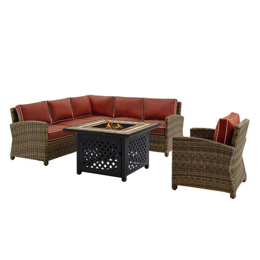 Crosley Furniture - Bradenton 5 Piece Outdoor Wicker Sectional Set With Fire Table Weathered Brown/Sangria - Right Corner Loveseat, Left Corner Loveseat, Corner Chair, Arm Chair, Fire Table - KO70159- veiw 1
