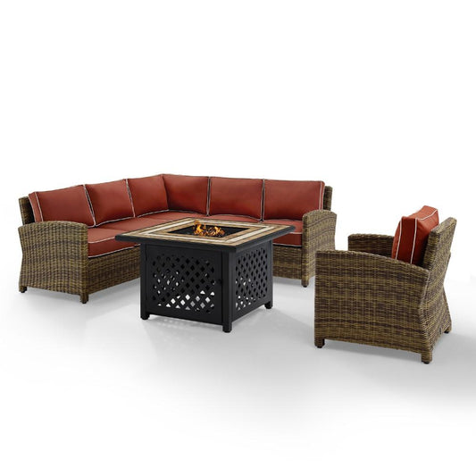 Crosley Furniture - Bradenton 5 Piece Outdoor Wicker Sectional Set With Fire Table Weathered Brown/Sangria - Right Corner Loveseat, Left Corner Loveseat, Corner Chair, Arm Chair, Fire Table - KO70159- veiw 2