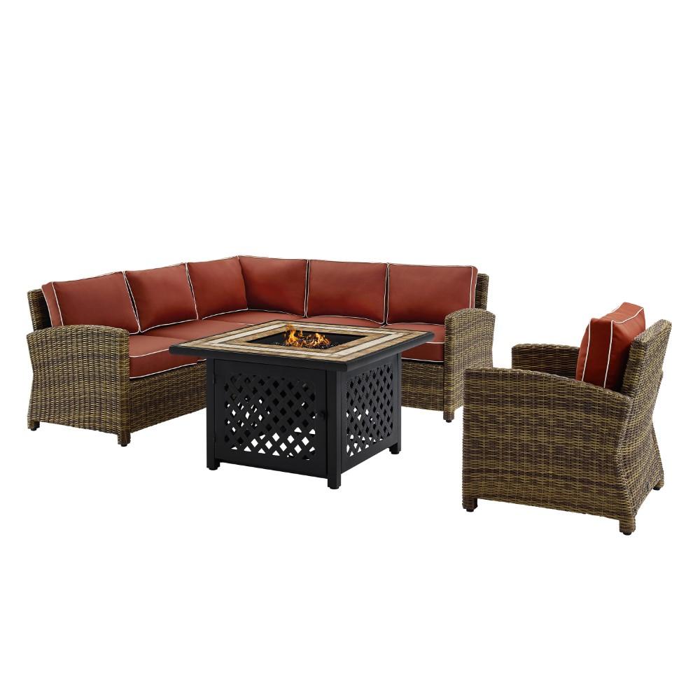 Crosley Furniture - Bradenton 5 Piece Outdoor Wicker Sectional Set With Fire Table Weathered Brown/Sangria - Right Corner Loveseat, Left Corner Loveseat, Corner Chair, Arm Chair, Fire Table - KO70159- veiw 3