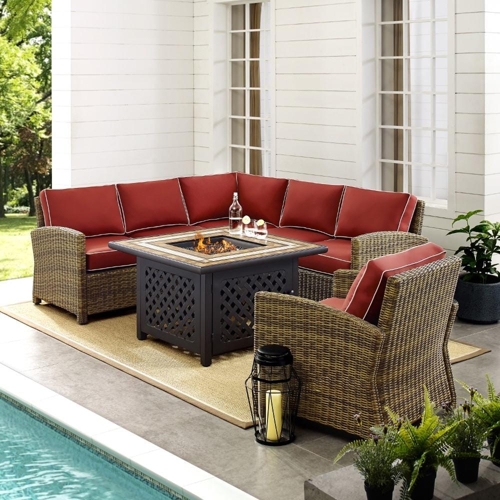 Crosley Furniture - Bradenton 5 Piece Outdoor Wicker Sectional Set With Fire Table Weathered Brown/Sangria - Right Corner Loveseat, Left Corner Loveseat, Corner Chair, Arm Chair, Fire Table - KO70159- veiw 4