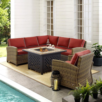 Crosley Furniture - Bradenton 5 Piece Outdoor Wicker Sectional Set With Fire Table Weathered Brown/Sangria - Right Corner Loveseat, Left Corner Loveseat, Corner Chair, Arm Chair, Fire Table - KO70159- veiw 4
